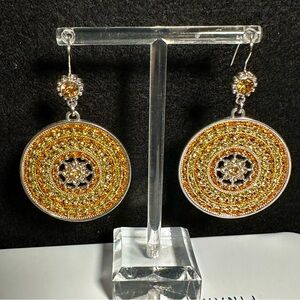 Large Mandala Earrings – Gold Thread, Rhinestone & Silver Tone, Pierced-SPECIAL!